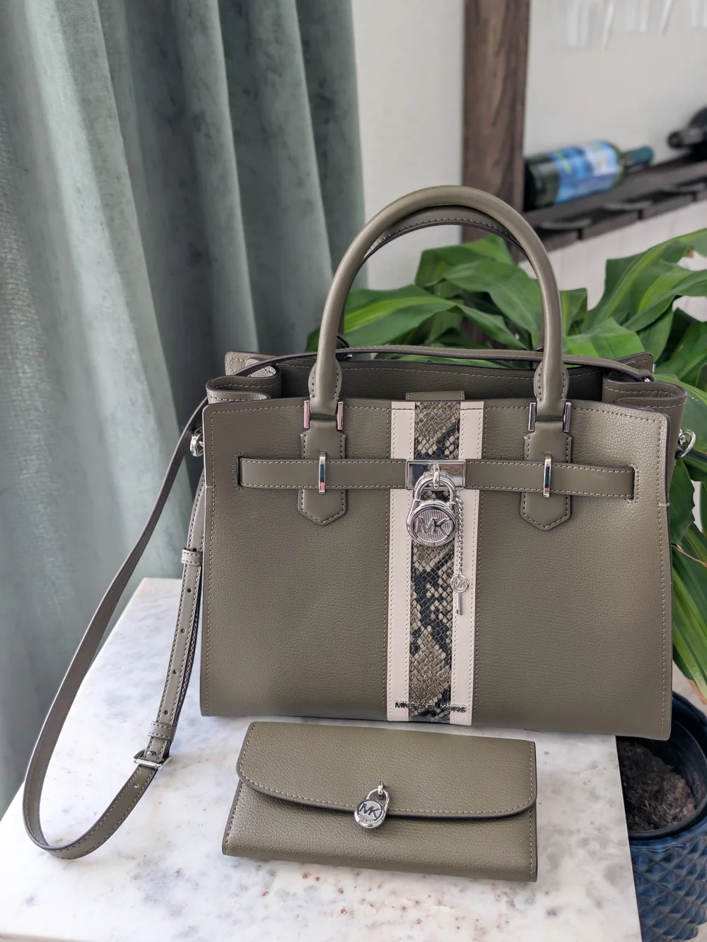 Michael Kors Olive Snake-Trim Hamilton Tote Bag and Wallet